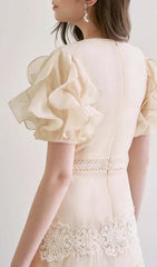 Ruffle Button LIne Midi Dress In Beige