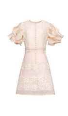 Ruffle Button LIne Midi Dress In Beige