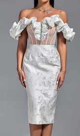 Ruffle Corset Midi Dress In White