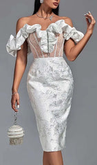 Ruffle Corset Midi Dress In White