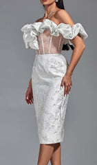 Ruffle Corset Midi Dress In White