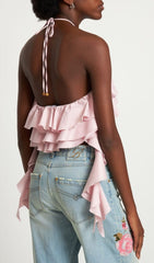 Ruffle-Detail Halter Crop Top In Pink