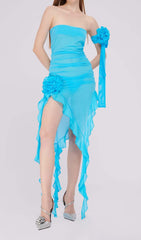 Ruffle Rosette Mesh Midi Dress In Blue