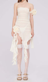 Ruffle Rosette Mesh Midi Dress In White