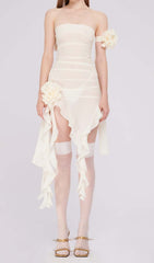 Ruffle Rosette Mesh Midi Dress In White