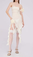 Ruffle Rosette Mesh Midi Dress In White