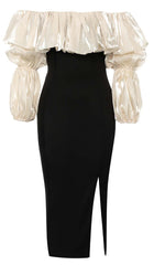 Ruffle Cold Shoulder Midi Dress In Black