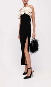Ruffled DetailInG Slit Midi Dress In Black