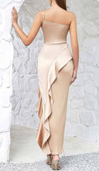 Ruffled Plated Maxi Dress In Khaki