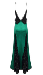 Ruffled Silk Satin Maxi Dress In Green