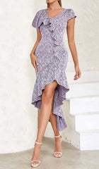 Ruffled V-Neck Asymmetric Midi Dress In Purple