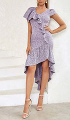 Ruffled V-Neck Asymmetric Midi Dress In Purple