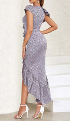 Ruffled V-Neck Asymmetric Midi Dress In Purple