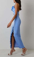 Ruffle Flower-EmbelliShed Midi Dress In Blue