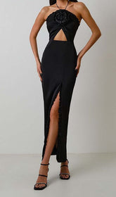 Ruffle Flower-EmbelliShed Midi Dress In Black