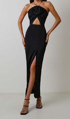 Ruffle Flower-EmbelliShed Midi Dress In Black
