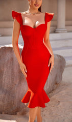 Ruffle Mermaid Midi Dress In Maroon