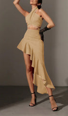 RuffleS Halter High Low Dress In Gray