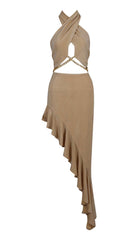 RuffleS Halter High Low Dress In Gray