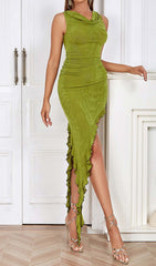 Ruffle Slit Midi Dress In DARK Chartreuse