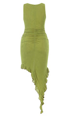Ruffle Slit Midi Dress In DARK Chartreuse