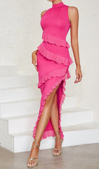 Ruffle Split Midi Dress In STRONG MAGeNTA