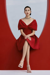 Red Off Shoulder Pleated A LIne Dress