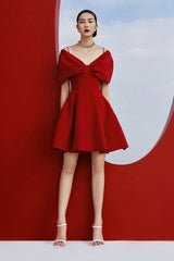 Red Off Shoulder Pleated A LIne Dress