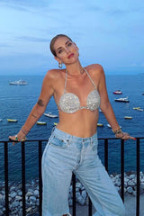 Rhinestone EmbelliShed Silk Bra Top In Silver