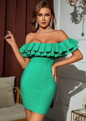 Off Shoulder Ruffles Green Mini Bandage Dress