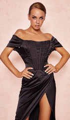 Satin Off Shoulder Midi Dress In Black