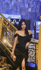 Satin Off Shoulder Midi Dress In Black