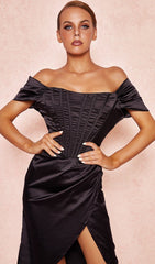 Satin Off Shoulder Midi Dress In Black