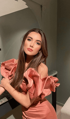 Satin Ruffle Strapless Mini Dress In Rose Pink