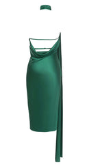 Satin Side Tie Midi Dress In Green
