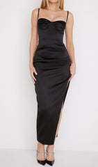 Satin Slit Corset Maxi Dress In Black