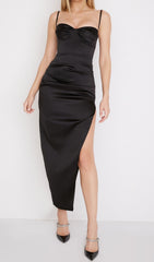 Satin Slit Corset Maxi Dress In Black