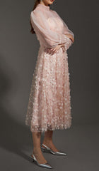Sequin Mesh Tulle Midi Dress In Pink