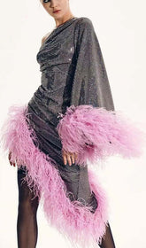 Sequin FeaTher High-Low Dress In Sliver