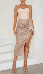 Sequin Ruched Slit Midi Dress In Gold