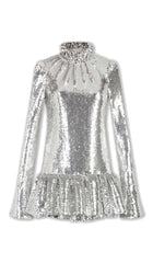 Sequin Ruffle Mini Dress In Metallic Silver