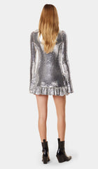 Sequin Ruffle Mini Dress In Metallic Silver