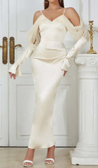 Silk Cold Shoulder Midi Dress In Apricot