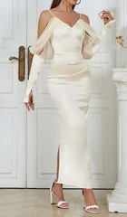 Silk Cold Shoulder Midi Dress In Apricot