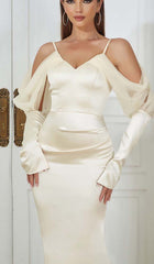 Silk Cold Shoulder Midi Dress In Apricot