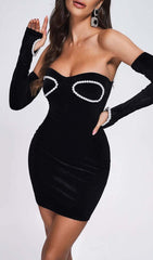 Strapless Bodycon Velvet Mini Dress In Black