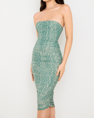 Strapless Ruched Midi Dress In Green