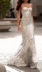 Strapless Sequin Maxi Dress In Silver