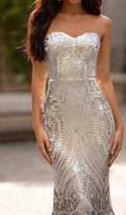 Strapless Sequin Maxi Dress In Silver