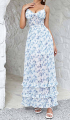Strappy Corset Tiered Maxi Dress In Blue